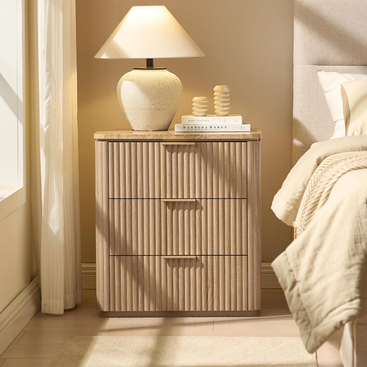 Fluted Nightstand Set of 2, Engineered Wood Bedside Table with 3 Drawers, Modern End Table with Faux Marble-Top, Curved Corners, Metal Handle, Large Night Stand for Bedroom, Office, Closet Natural Oak