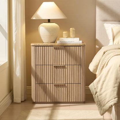 Fluted Nightstand Set of 2, Engineered Wood Bedside Table with 3 Drawers, Modern End Table with Faux Marble-Top, Curved Corners, Metal Handle, Large Night Stand for Bedroom, Office, Closet Natural Oak