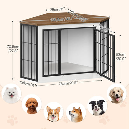 Corner Dog Crate Furniture, Decorative Dog Kennel End Table, Farmhouse Dog Crate TV Stand for Small and Medium Dogs, Walnut, White and Black BWH90GW03
