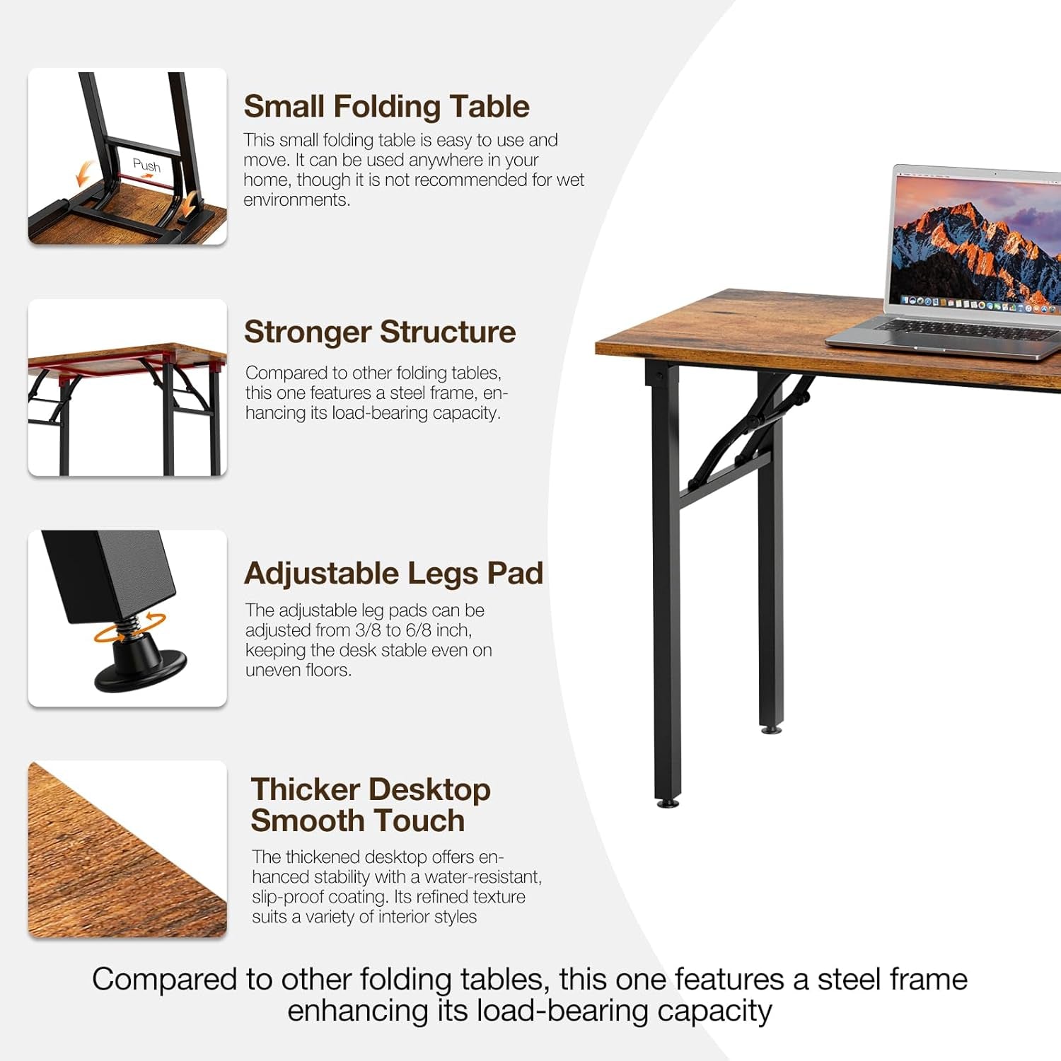 Small Computer Desk Folding Table - 35.8" Foldable Office Desk, No Assembly, Perfect for Small Spaces in Bedroom, Dorm, or Apartment, Portable Mini Desk or Study Table with Compact Design, Brown