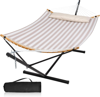 Double Hammock with Stand for Outside, Quick Dry Hammock with Curved Spreader Bars, Pillow and Carrying Bag, 450 Lbs Capacity, Light Brown Stripe