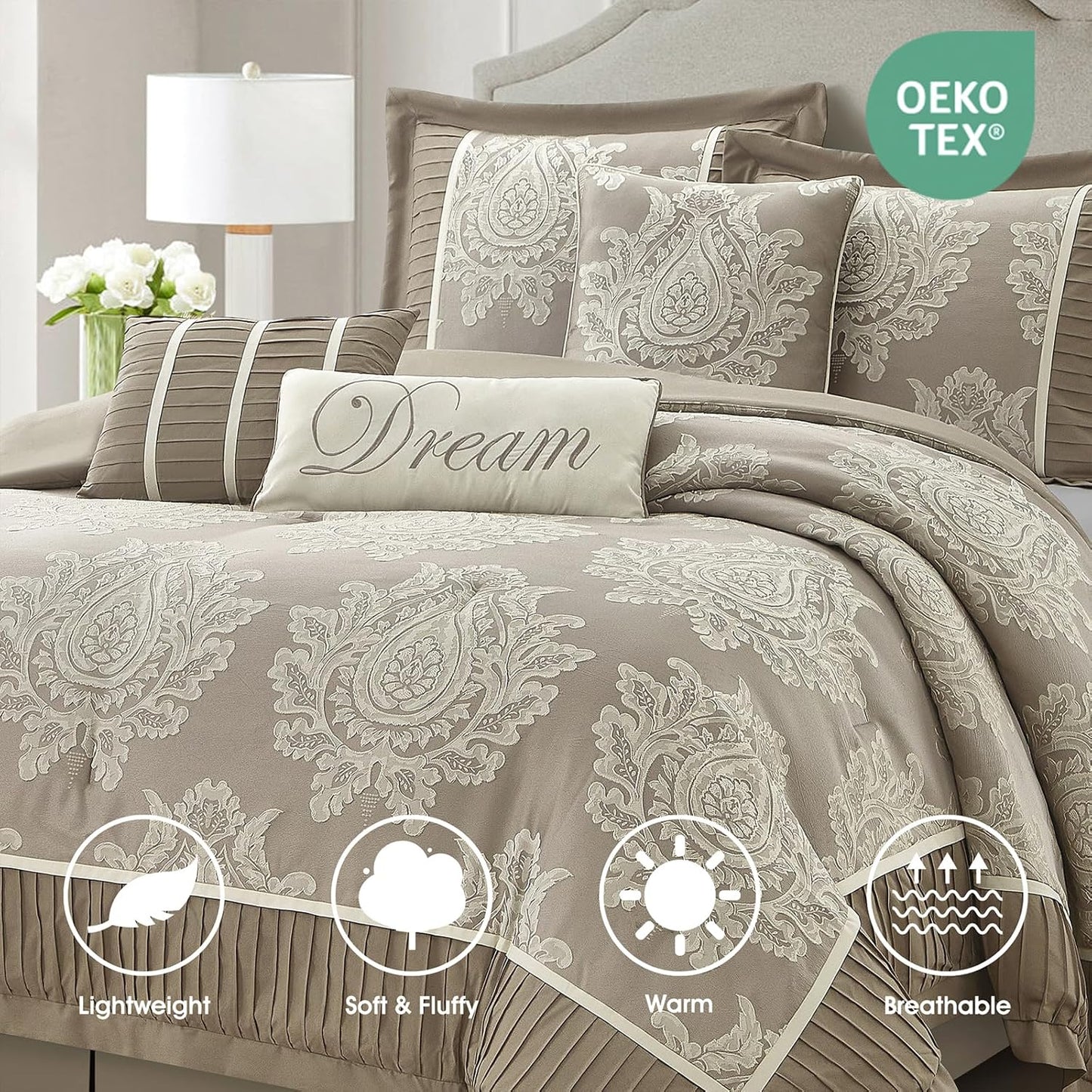 Beige King Size Comforter Set 7 Pieces, Jacquard Woven with Damask, Bedding Set in a Bag Includes Comforter, Bed Skirt, Pillow Shams, and Decorative Pillows