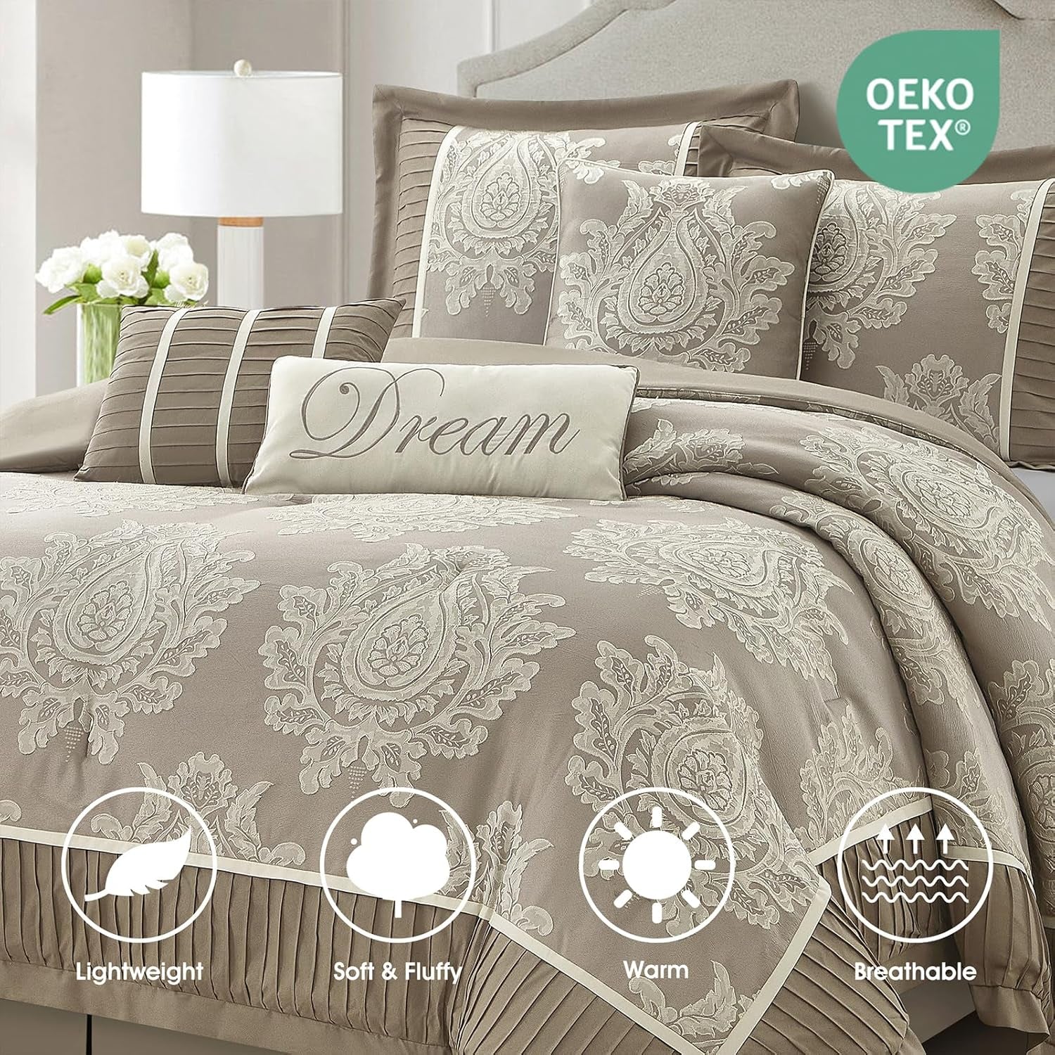 Beige King Size Comforter Set 7 Pieces, Jacquard Woven with Damask, Bedding Set in a Bag Includes Comforter, Bed Skirt, Pillow Shams, and Decorative Pillows