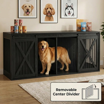 94 Inch Double Dog Crate Furniture for 2 Large Dogs, Dog Kennel TV Stand Large Breed, Farmhouse Dog Cage Furniture with Center Divider, XXXL Dual Dog Crate Entertainment Center, Black