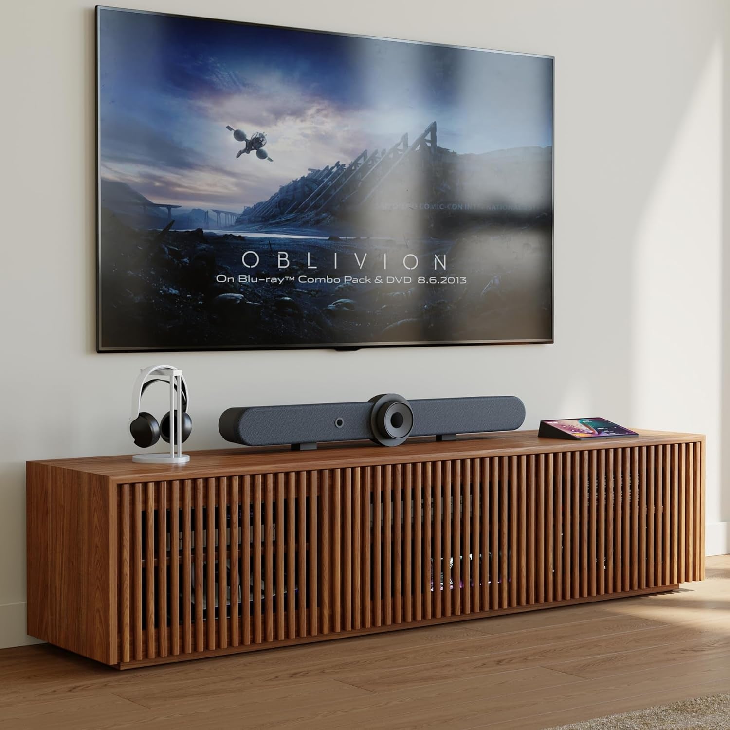 Full Assembled Mid Century Modern TV Stand, Wood Slatted Media Console for 65 Inch TV, Entertainment Center with Storage for Living Room, Low Cabinet with Removable Shelves