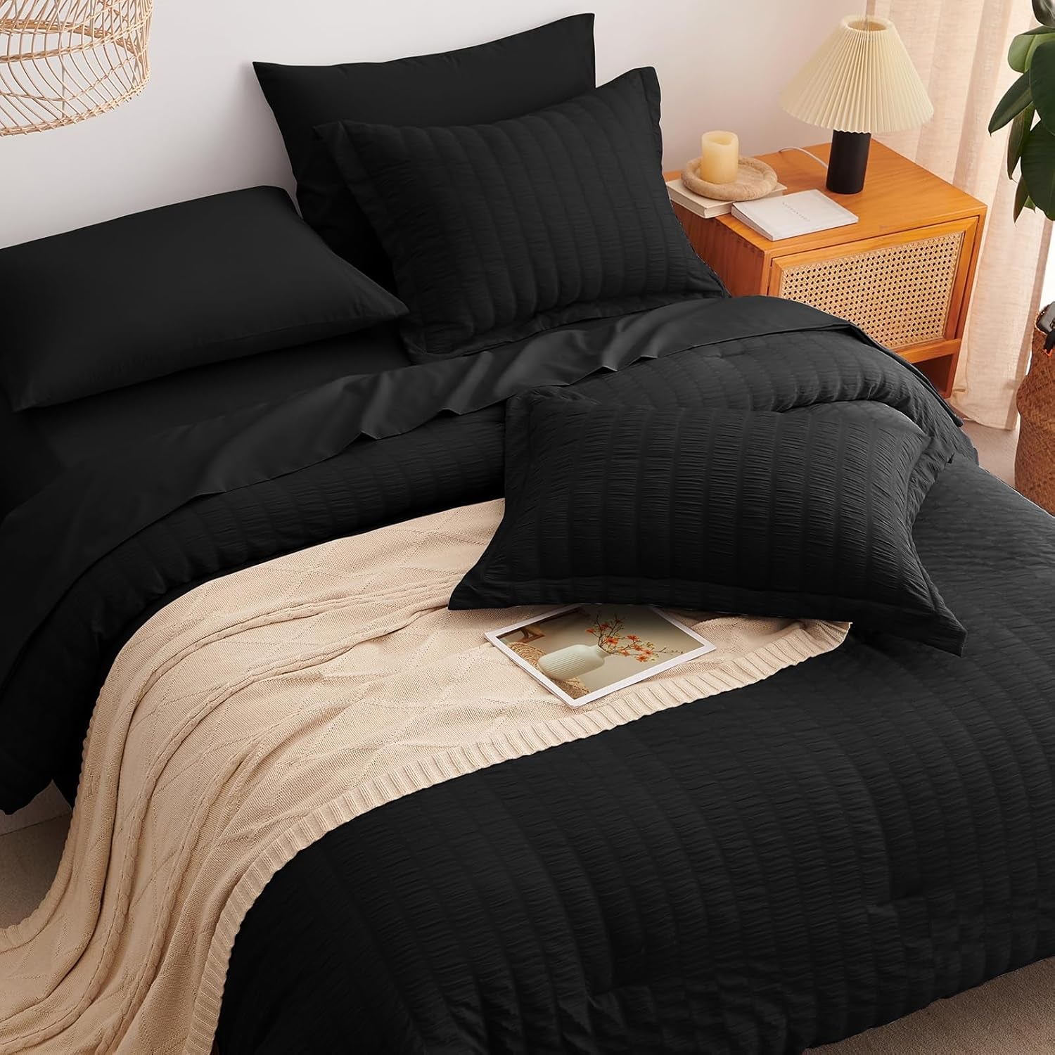King Size Comforter Set Black Seersucker 7 Pieces Bed in a Bag King Comforter Set with Sheets, Luxury Soft Bedding Sets with down Alternative Comforter, Sheets, Pillowcases & Shams All Seasons