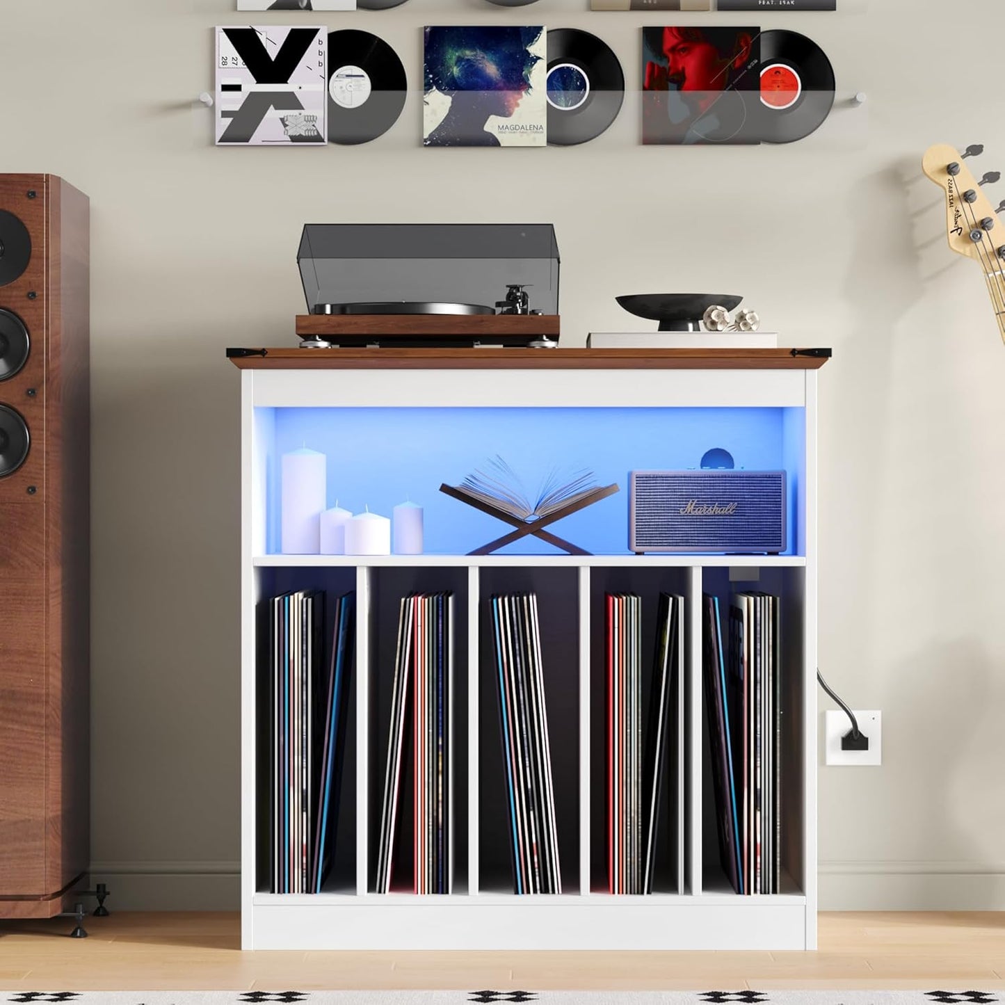 Farmhouse Large Record Player Stand with Power Outlets & LED Lights, Vinyl Record Stand Hold up to 150 Albums, Turntable Stand for Living Room, Bedroom, White