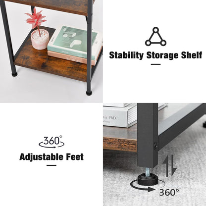 Tall End Table with Charging Station, 3 Tier Narrow Tall Nightstand with Storage, Slim Side Table with USB Ports and Outlets for Bedroom, Living Room, Office, Rustic Brown and Black