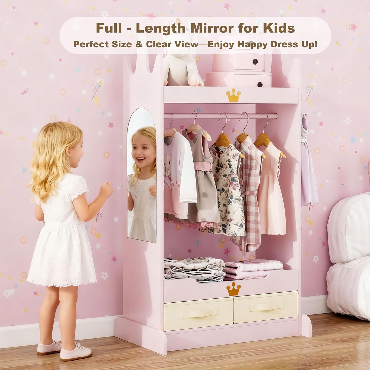 Kids Dress up Storage with Mirror, Kids Open Hanging Armoire & Costume Storage Dresser, Costumes Wardrobe Closet for Bedroom, Nursery, Preschool, Pink