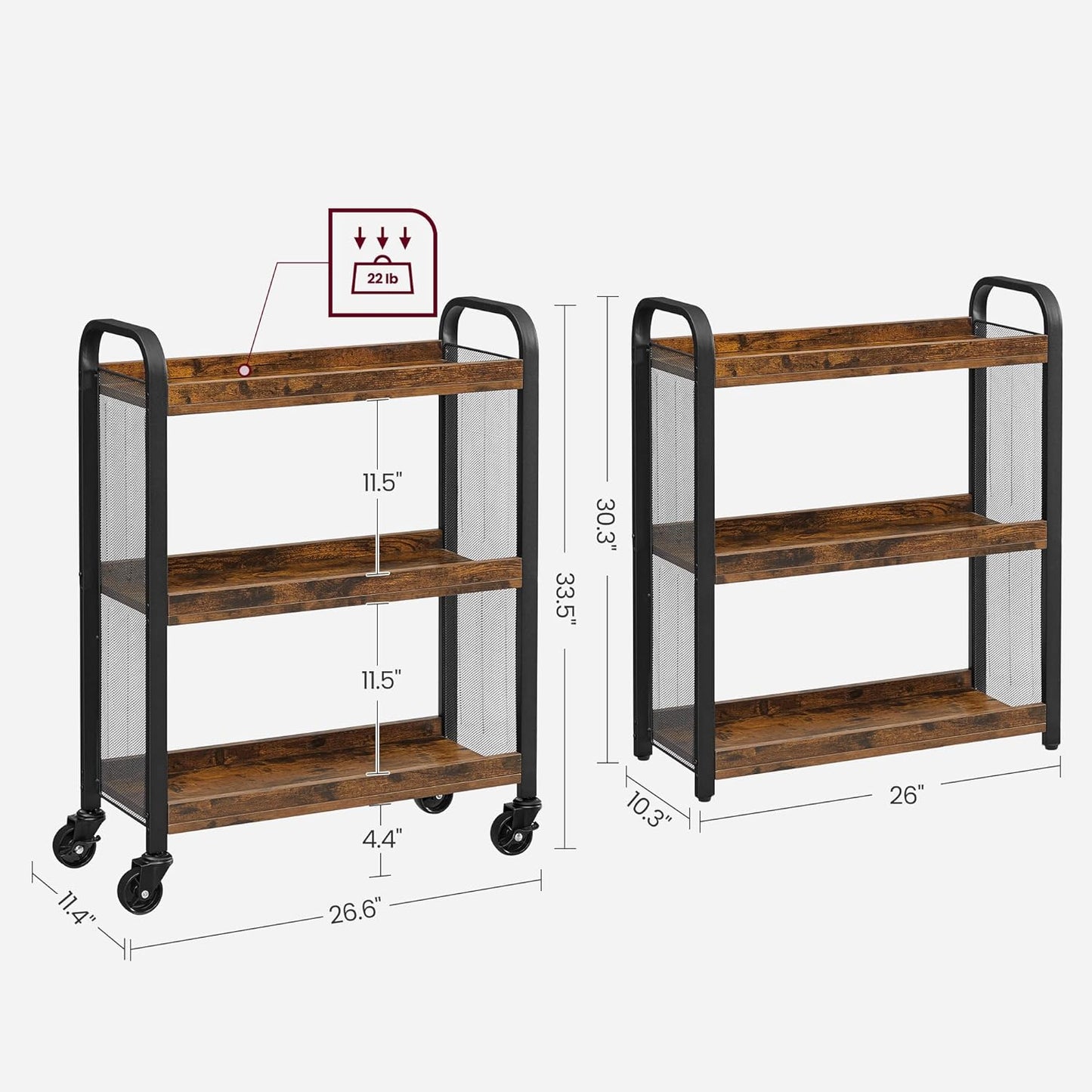 3-Tier Narrow Storage Cart, Rolling Cart with Wheels, Steel Frame, Slim Storage Cart for Kitchen, Dining Room, Laundry Room, Adjustable Feet Included, Industrial Style, Rustic Brown and Black