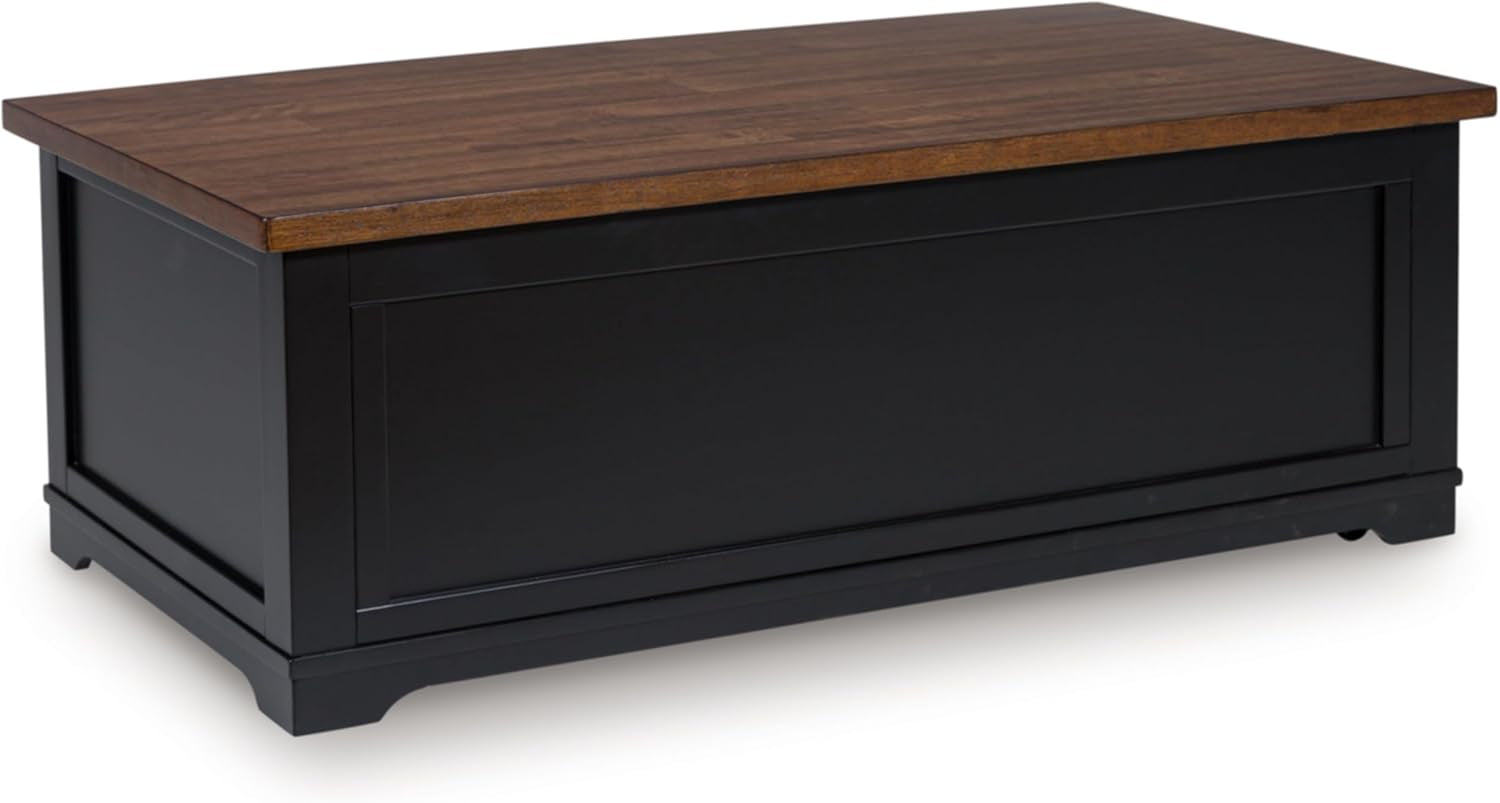 Wildenauer Lift Top Cocktail Table, Satin Finish Base, 2 Drawers, 2 Storage Bins, Hardwood Solids, 52" W X 28" D X 19" H, Light Brown & Black