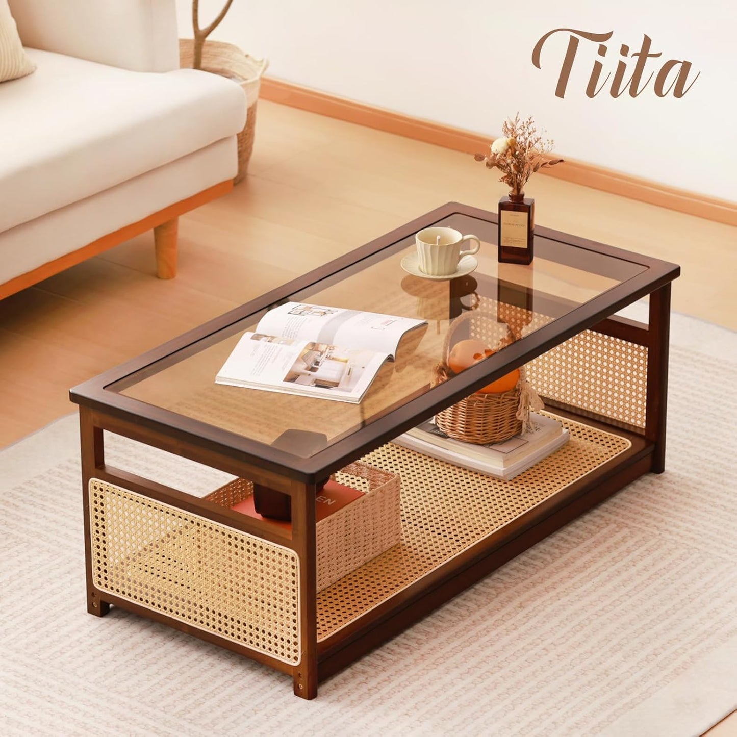 Coffee Tables for Living Room，Mid Century Modern Storage 2-Tier Coffee Tables，Rattan Glass Rectangletables，Suitable for Living Room Apartment，Brown