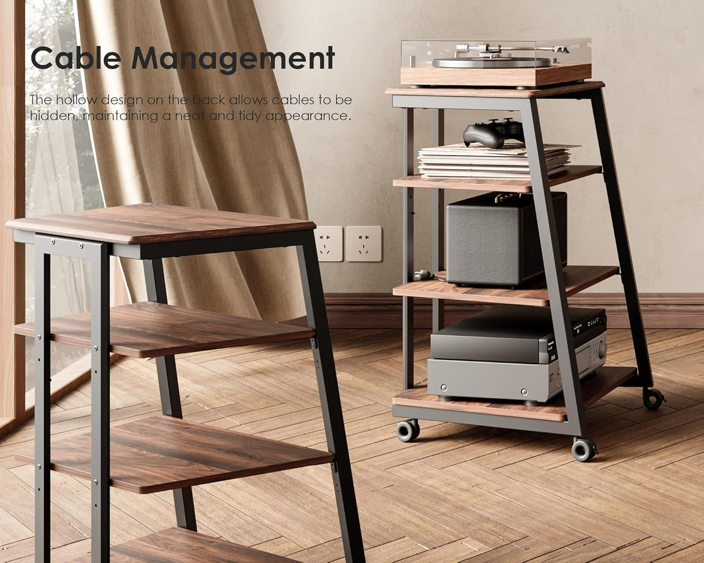 Design 4-Tier AV Media Stand Corner Shelf for Record Player Wooden Stereo Cabinet Audio Rack Tower with Height Adjustable Wooden Shelves for Ps4 (Walnut)