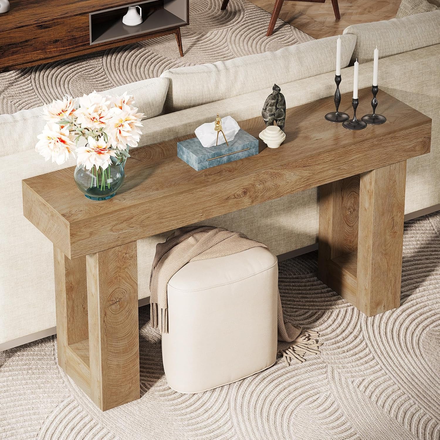 63-Inch Long Console Table, Wooden Rectangular Sofa Table behind the Couch, Farmhouse Entryway Table for Entrance, Hallway, Living Room (Natural)