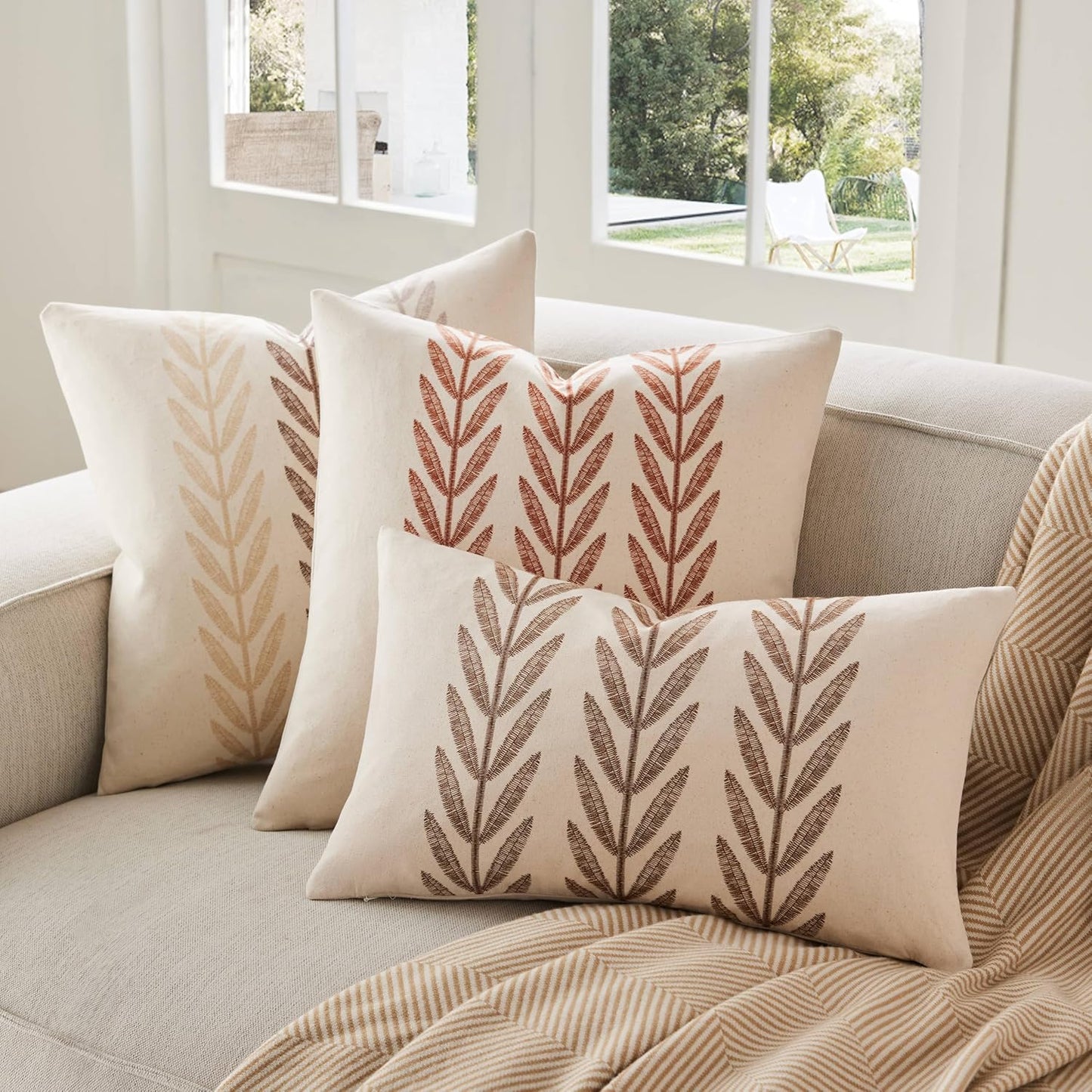 100% Cotton Farmhouse Leaves Throw Pillow Covers Set of 2, 18X18 Inch Mixed Beige Pastoral Decorative Print Cushion Covers for Sofa Bed Living Room Home Decor
