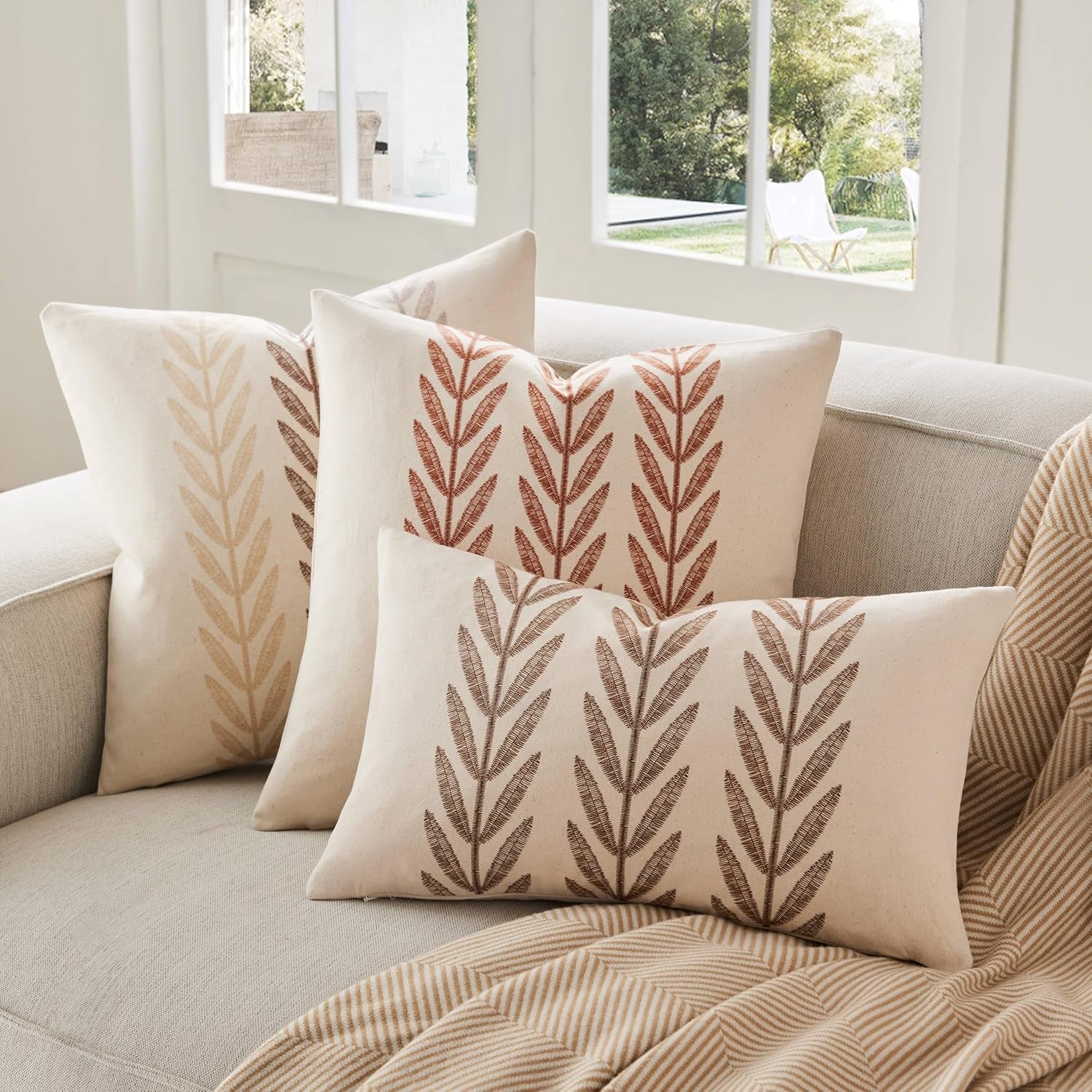 100% Cotton Farmhouse Leaves Throw Pillow Covers Set of 2, 18X18 Inch Mixed Beige Pastoral Decorative Print Cushion Covers for Sofa Bed Living Room Home Decor