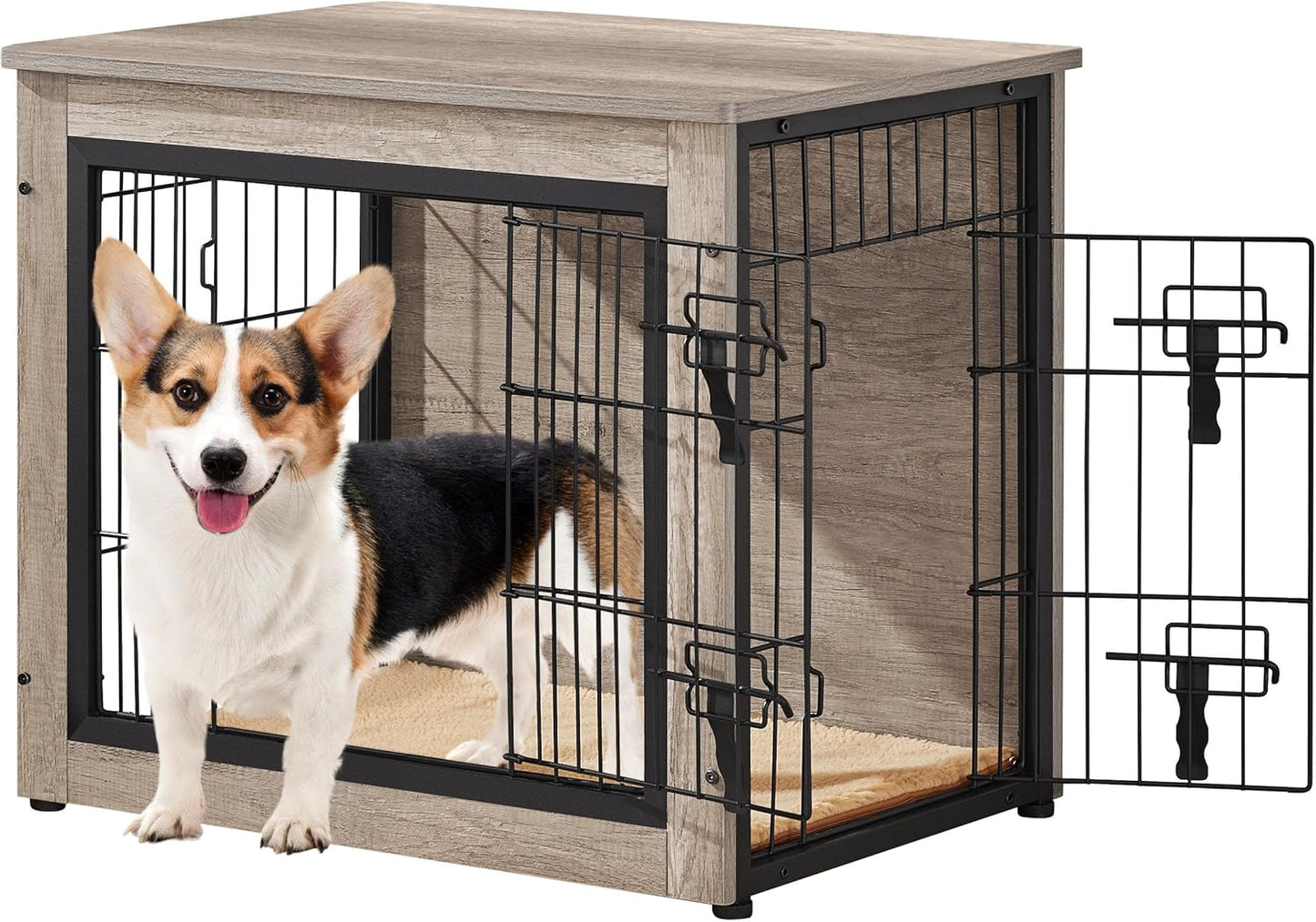27.5'' Dog Crate Furniture with Cushion Wooden Dog Crate with Double Doors/Adjustable Feet Side End Table for Small/Medium Dogs, 27.5" L X 20" W X 24" H