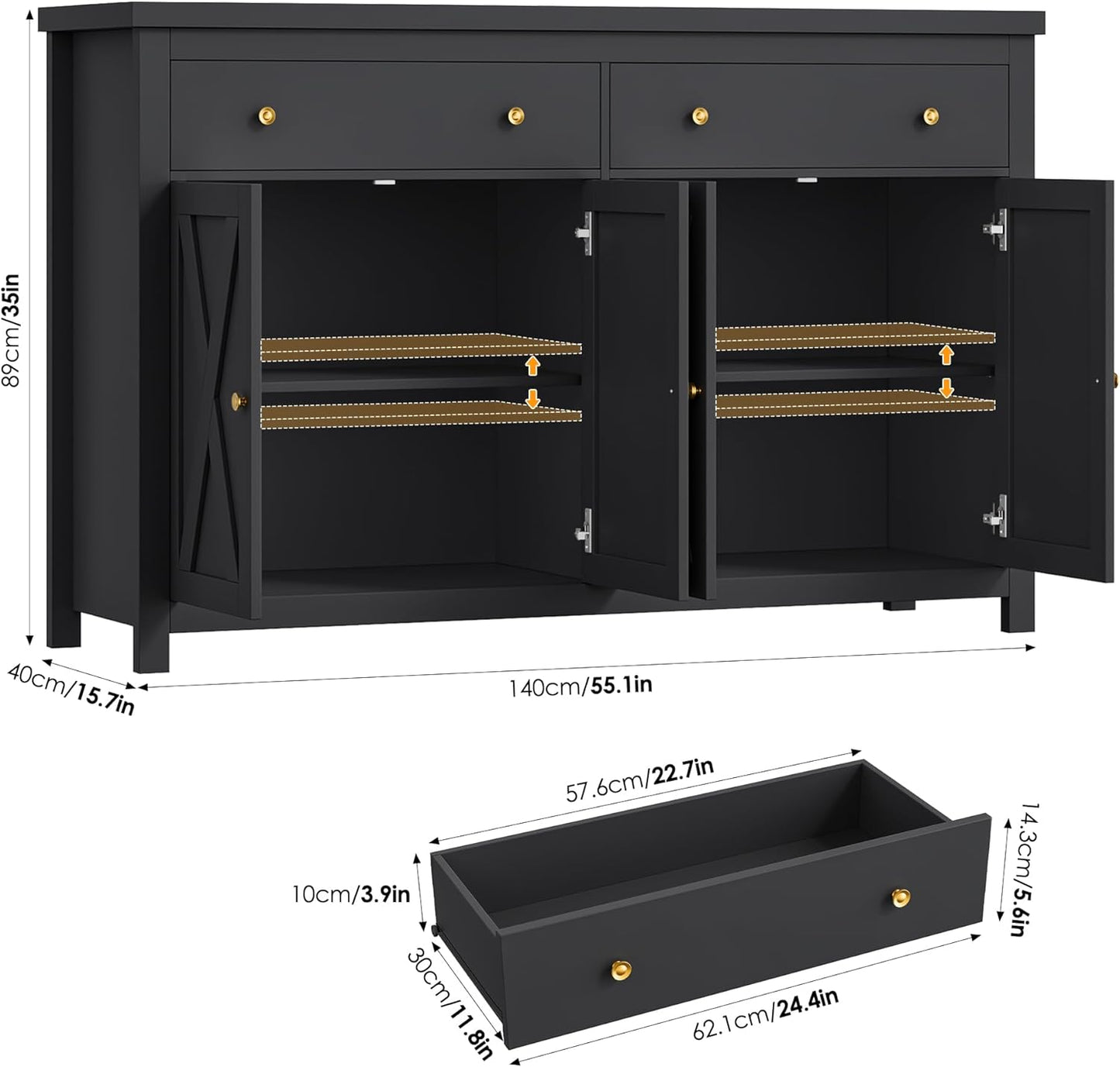 Sideboard Buffet Cabinet with Storage, 55" Large Kitchen Storage Cabinet with 2 Drawers and 4 Doors, Wood Coffee Bar Buffet Table for Kitchen Dining Room, Black