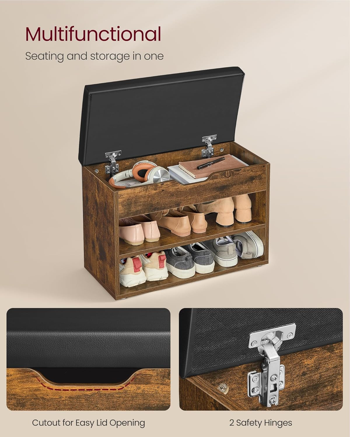 Shoe Bench with Cushion, Storage Bench with Padded Seat, Entryway Bench with 3 Storage Compartments, 11.8 X 23.6 X 17.3 Inches, for Bedroom, Living Room, Rustic Brown ULHS020K03