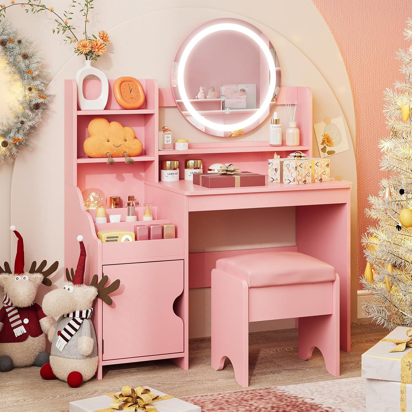 Kids Vanity with Lights, Princess Makeup Vanity Desk with Open Bookshelf, Storage Cabinet & Shelves, Toddler Vanity Table and Chair Set, Pretend Play Vanity Set for Little Girls, Pink