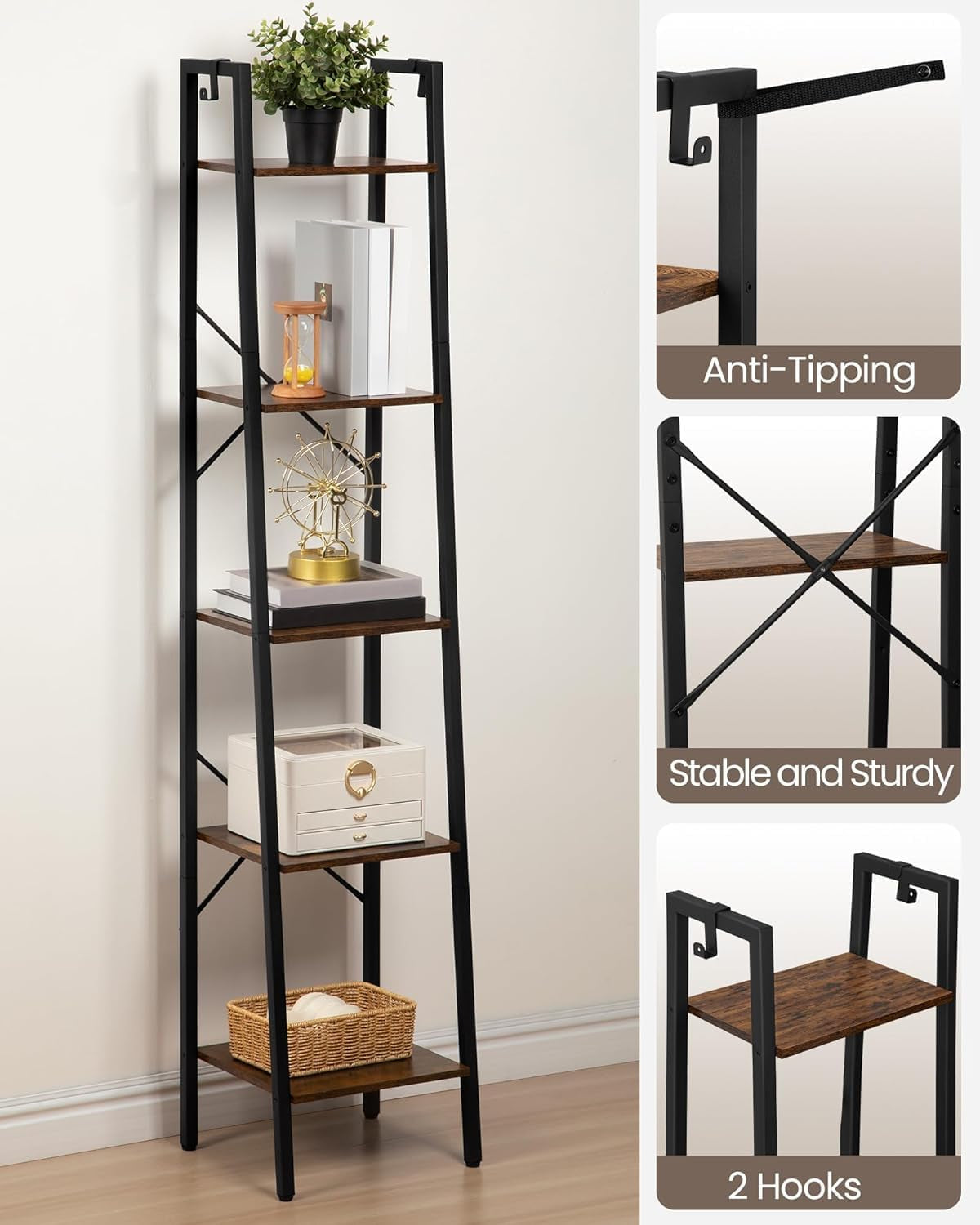 Ladder Shelf, Bookshelf Bookcase, Freestanding Corner Storage Shelve with 2 Hooks for Home Office, Living Room, Kitchen, Bedroom, Industrial, 11.8" D X 13.4" W X 63" H, Rustic Brown BC03201B