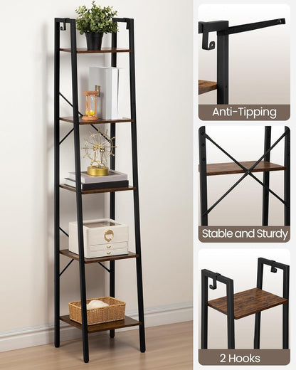 Ladder Shelf, Bookshelf Bookcase, Freestanding Corner Storage Shelve with 2 Hooks for Home Office, Living Room, Kitchen, Bedroom, Industrial, 11.8" D X 13.4" W X 63" H, Rustic Brown BC03201B