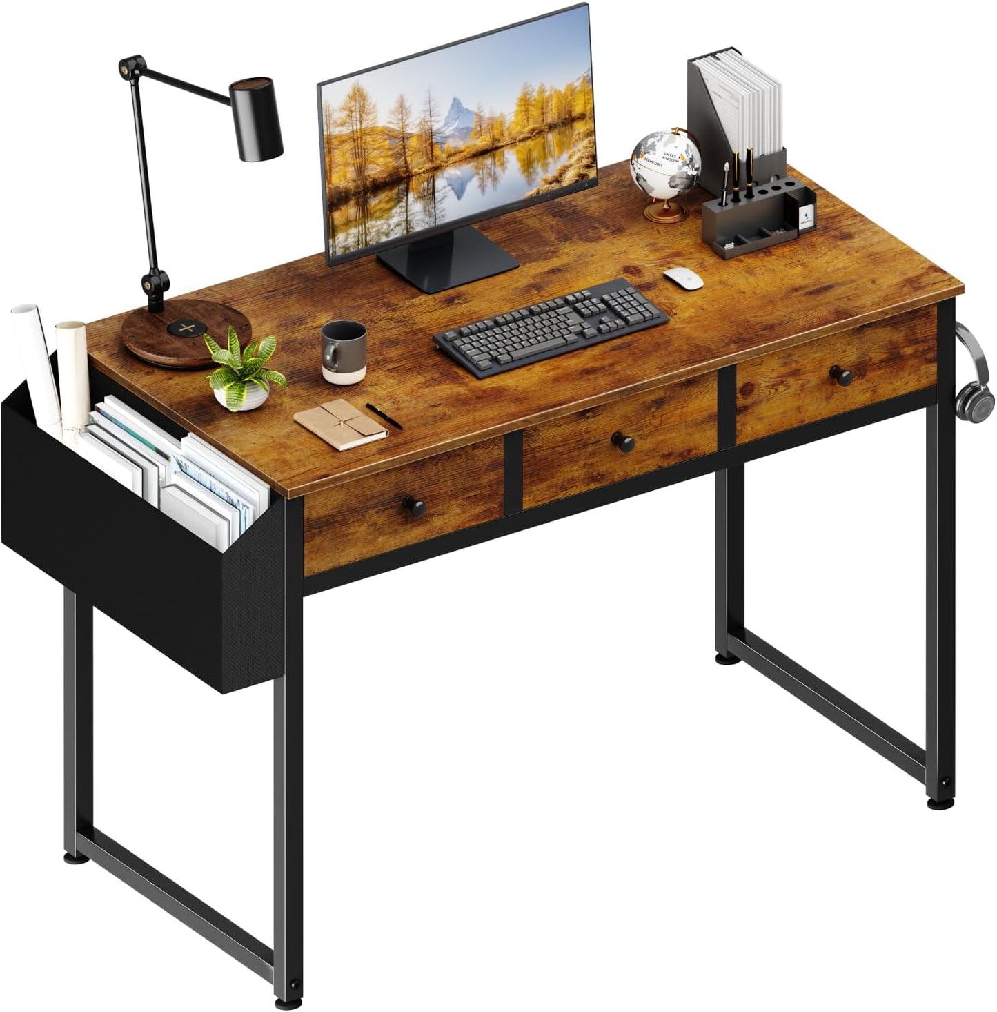 Small Computer Desk with 2 Drawers for Bedroom, 31 Inch Home Office Desk with Storage Fabric Drawer and Bag, Study Writing Table for Small Spaces, Rustic Brown