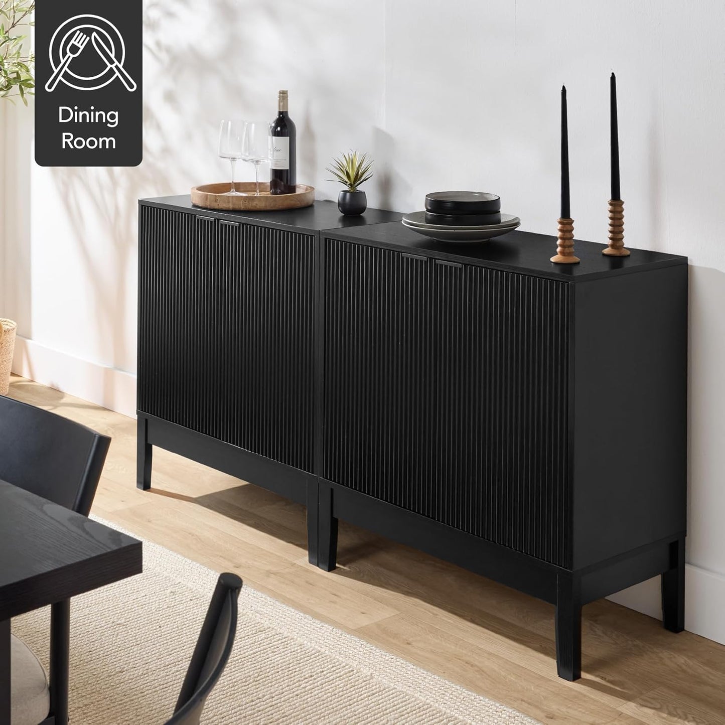 2-Door Modern Storage Cabinet, Buffet, Sideboard, Media Cabinet, Cupboard, Entryway Accent Table, Bookcase W/Reeded Panels and Adjustable Shelves – Black