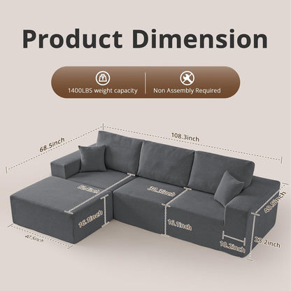 Modular Sectional Couch Modern 108" L Shaped Boneless Cloud Couch with Deep Seat, Sectional Sofa for Living Room Bedroom Apartments Dorms, No Assembly Required, Dark Grey