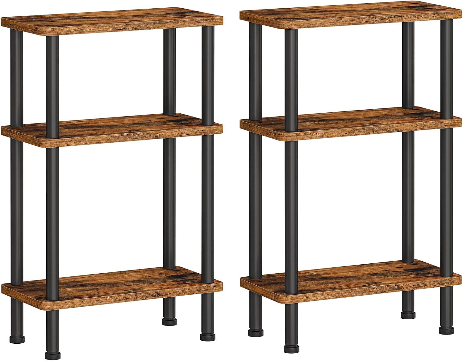 Narrow Side Table, 3-Tier Slim End Table No Tools Needed, Twist-On Assembly, Skinny Nightstand Sofa Storage Shelf for Living Room, Bedroom, Study, Rustic Brown and Black BF246BZP201