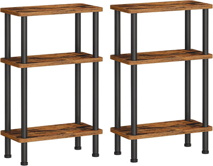 Narrow Side Table, 3-Tier Slim End Table No Tools Needed, Twist-On Assembly, Skinny Nightstand Sofa Storage Shelf for Living Room, Bedroom, Study, Rustic Brown and Black BF246BZP201