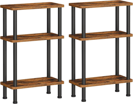 Narrow Side Table, 3-Tier Slim End Table No Tools Needed, Twist-On Assembly, Skinny Nightstand Sofa Storage Shelf for Living Room, Bedroom, Study, Rustic Brown and Black BF246BZP201