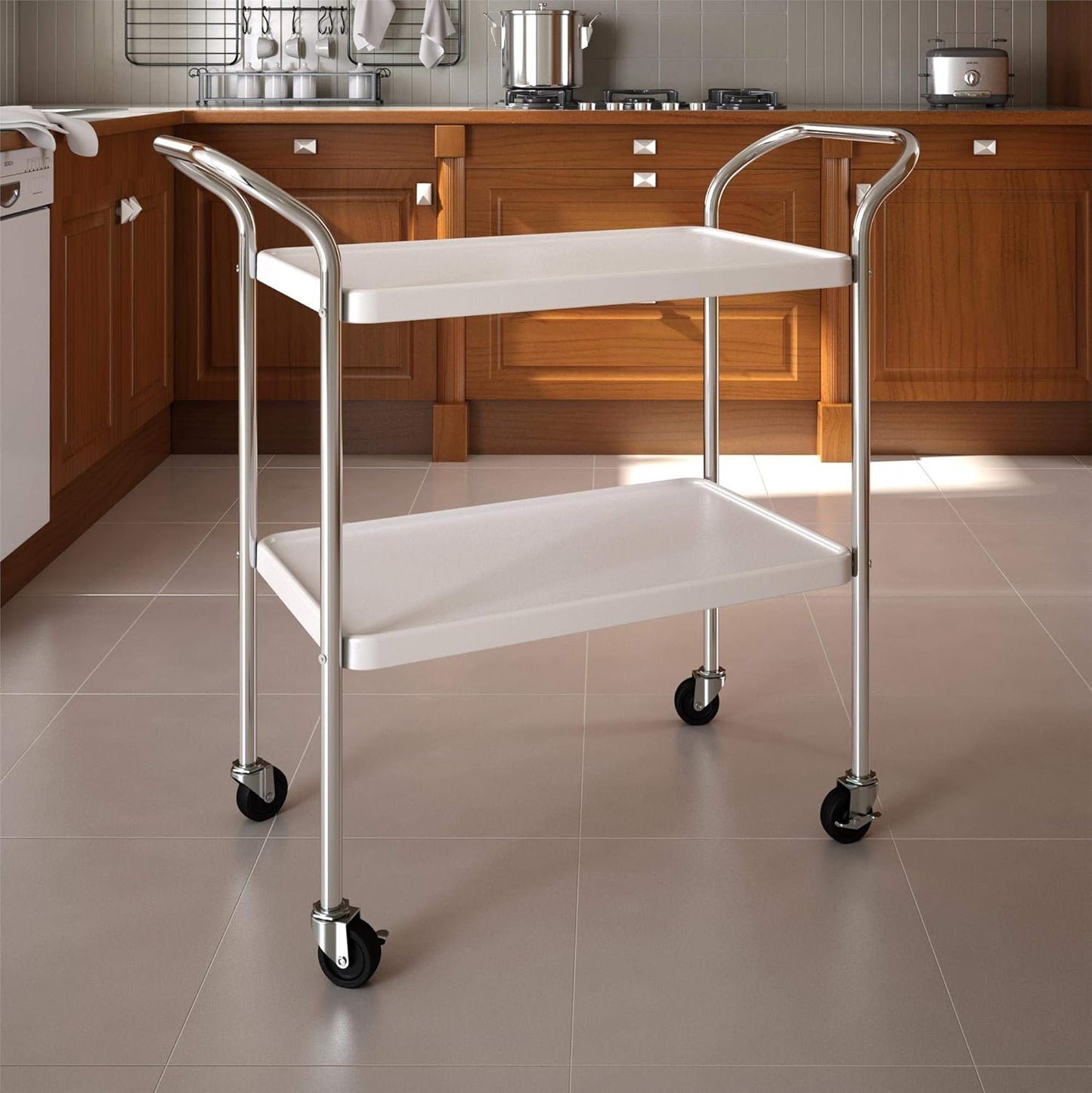 Stylaire 2 Tier Serving Cart, White & Silver