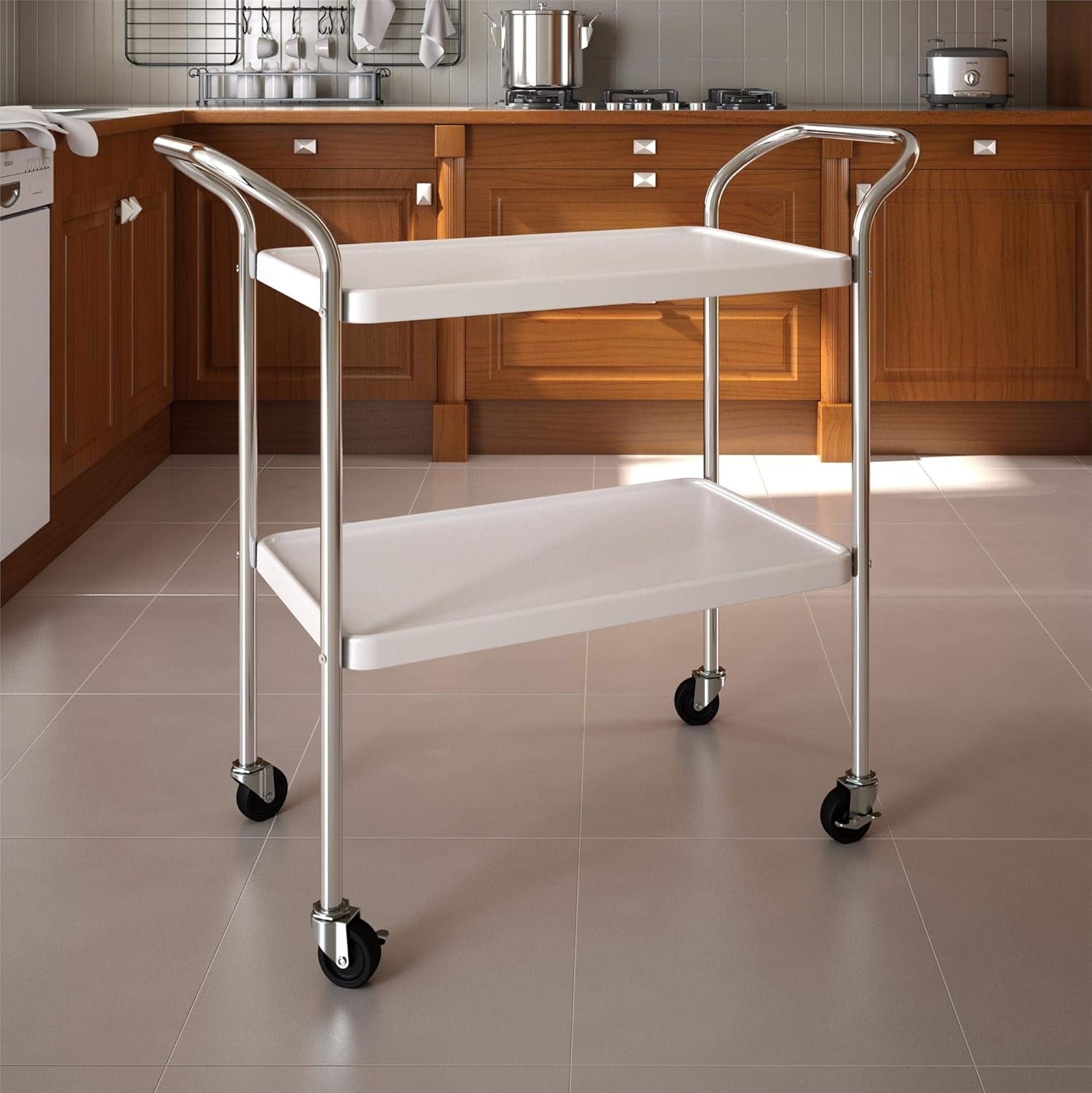 Stylaire 2 Tier Serving Cart, White & Silver