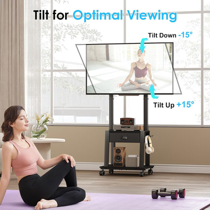 Mobile TV Stand with Drawer for 23-60 Inch Flat/Curved Screen,Tilt Rolling TV Cart on Wheels with 2 Shelves Adjustable Height Portable TV Stand Holds up to 50 Lbs for Indoor Outdoor Max VESA 400X400Mm