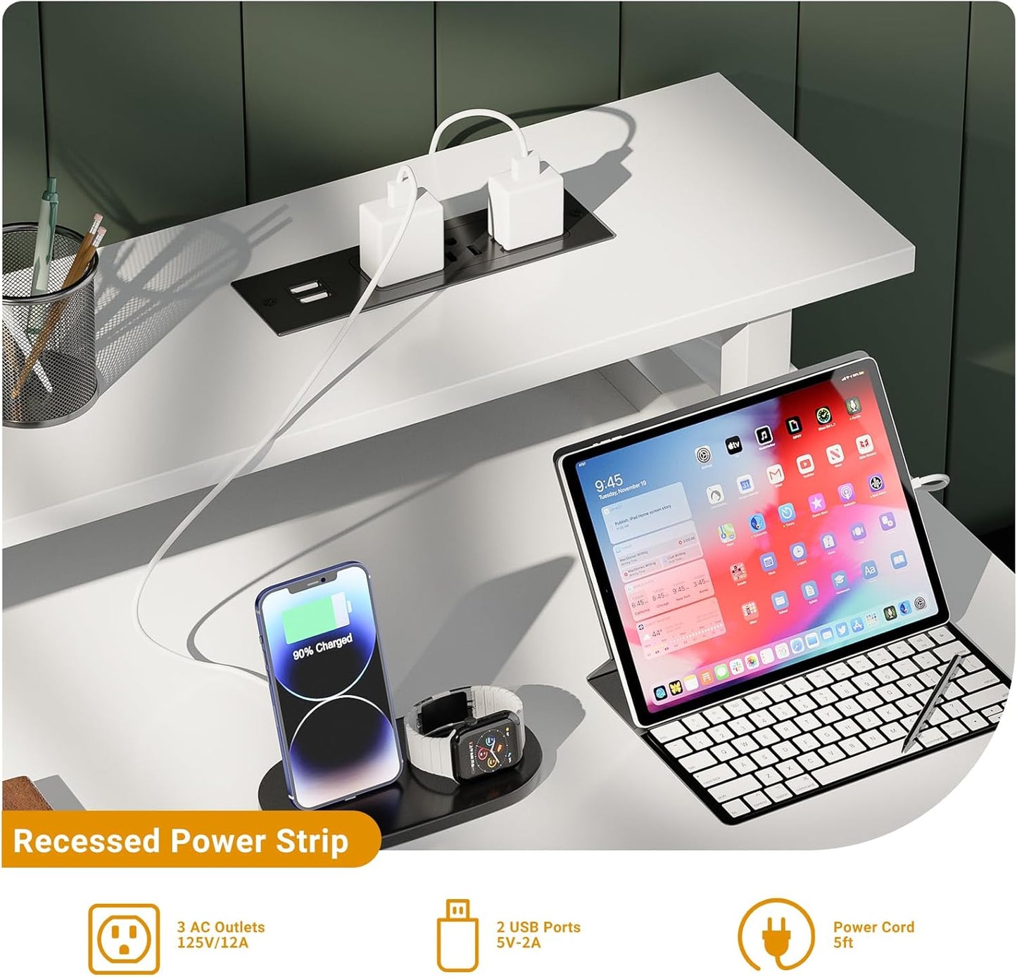 47 Inch Computer Desk with Power Outlets, Gaming Desk with LED Lights, Home Office Work Desk with Monitor Shelf, Modern Office Desk Study Writing Table for Small Spaces, White