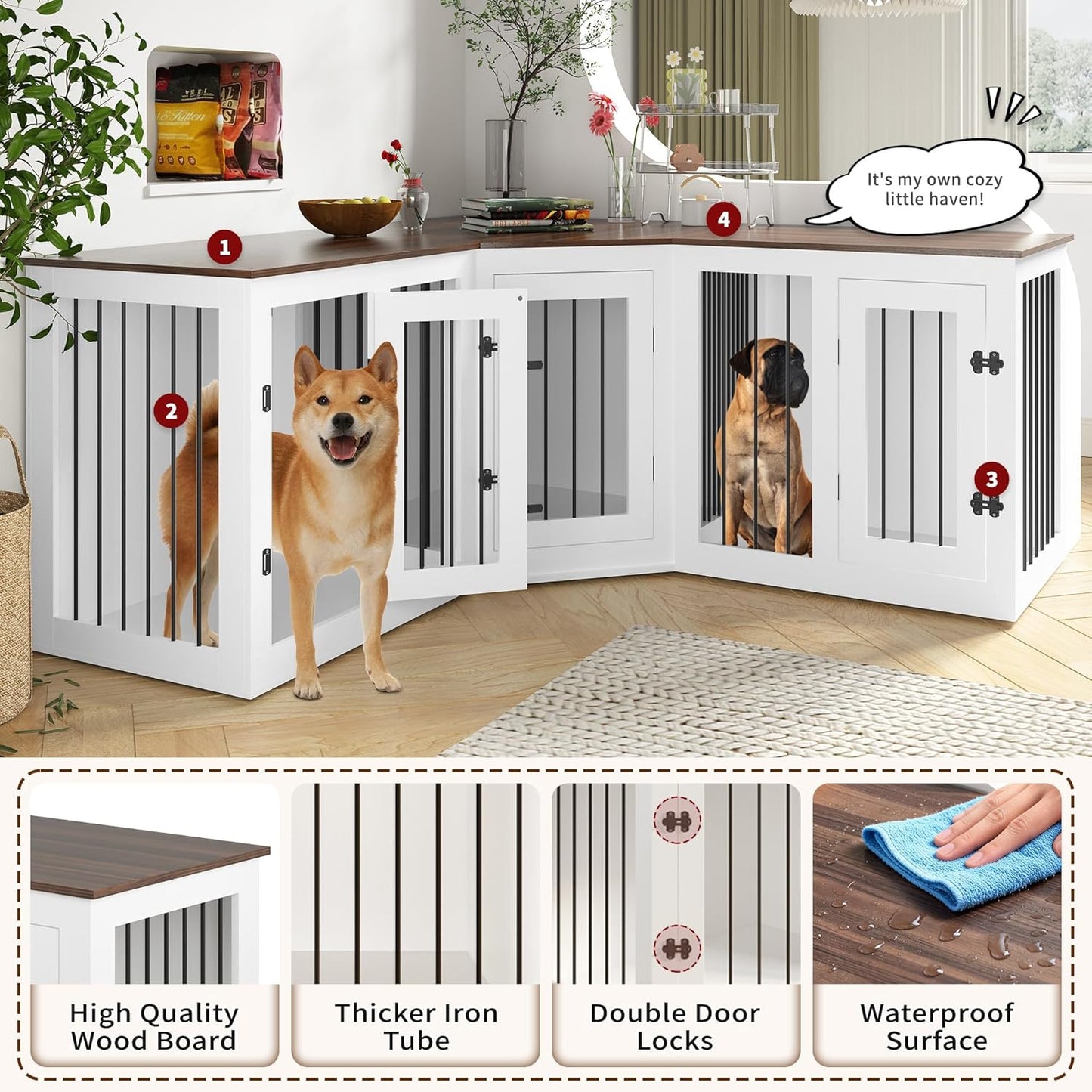 Large Dog Crate Furniture for 3 Dogs, 113'' Corner Dog Crate with Divider, 3 in 1 Heavy Duty Indoor Wooden Dog Kennel Furniture for Small Medium Large Dogs, White