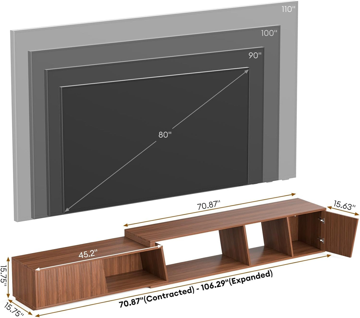 Extendable TV Stand with Sliding Doors Minimalist Rectangle, Wood Entertainment Center Walnut TV Console Table up to 110" W/Shelves Cabinet for Living Room, Bedroom (70.9”W-109”W)
