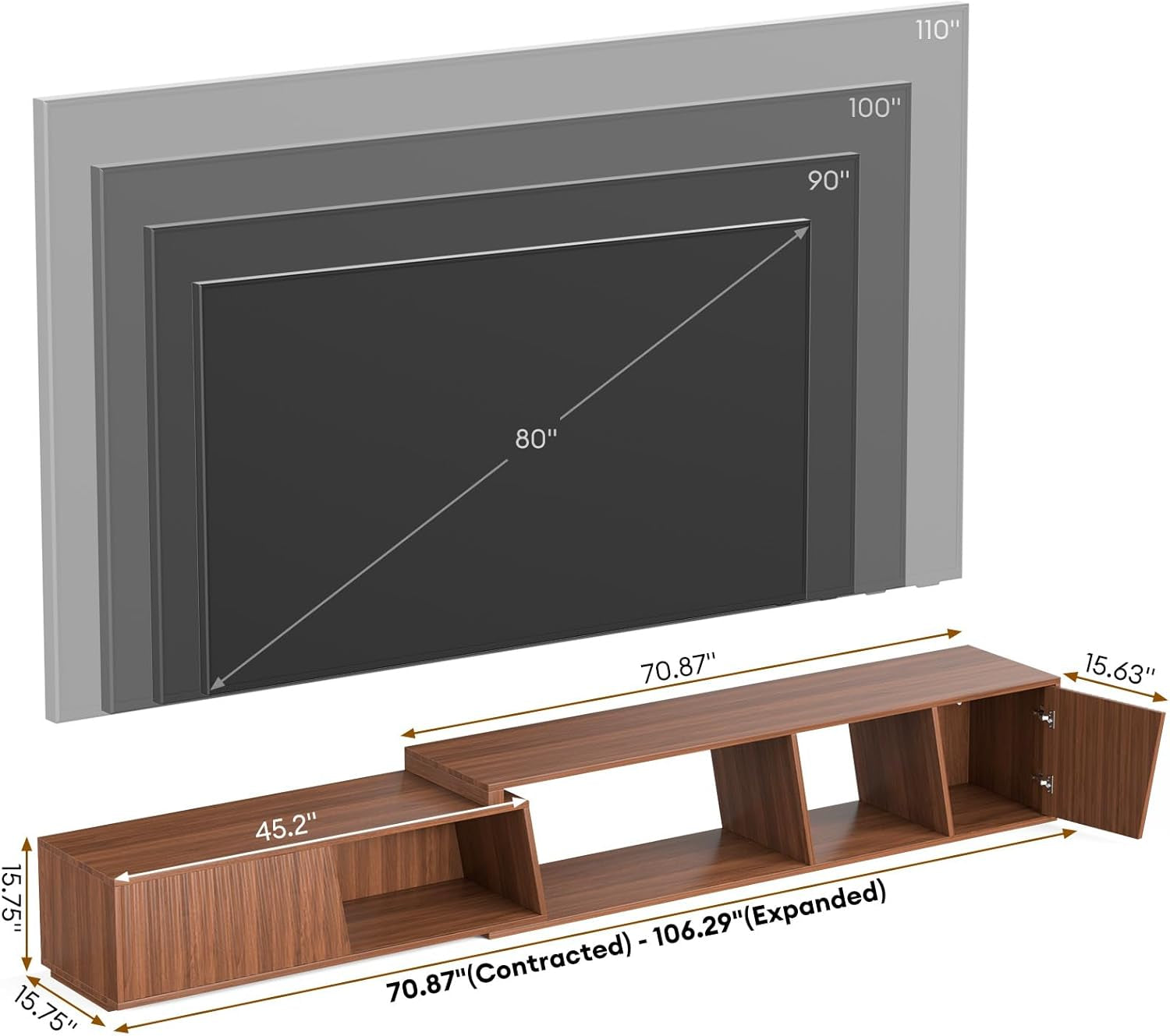 Extendable TV Stand with Sliding Doors Minimalist Rectangle, Wood Entertainment Center Walnut TV Console Table up to 110" W/Shelves Cabinet for Living Room, Bedroom (70.9”W-109”W)