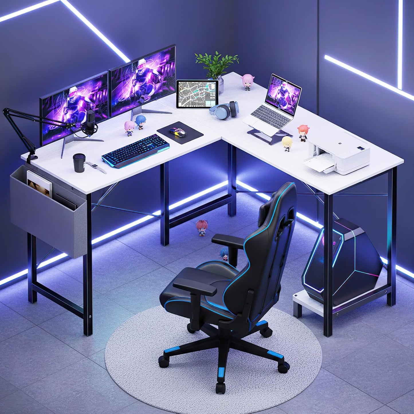 L Shaped Desk Computer Gaming Corner Table 50 Inch Home Office Writing Student Work PC Workstation with Side Storage Bag CPU Stand Modern for Bedroom Small Spaces