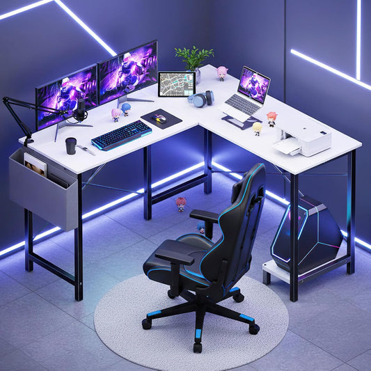 L Shaped Desk Computer Gaming Corner Table 50 Inch Home Office Writing Student Work PC Workstation with Side Storage Bag CPU Stand Modern for Bedroom Small Spaces