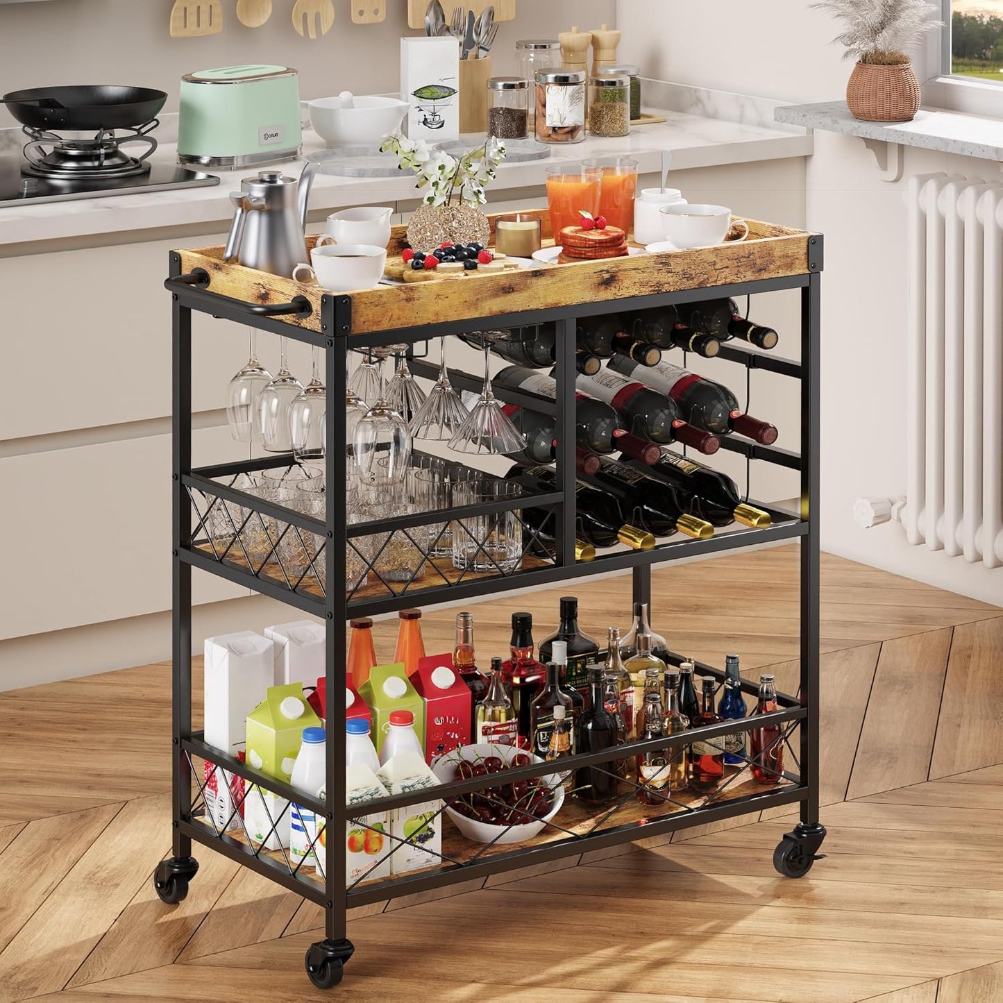 Bar Cart, 3 Tier Coffee Cart with Lockable Wheels, 12-Bottle Wine Rack, and Hanging Glass Holder, Kitchen Rack with Removable Tray, for Kitchen, Dining Room, Entertaining, Club Party,Retro