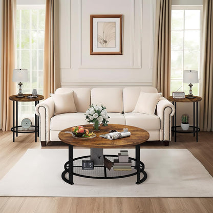 round Coffee Table and End Table Set of 3 with Storage, Modern Vintage Dark Brown Coffee Table and Side Table for Living Room, Office, Apartment, Small Space