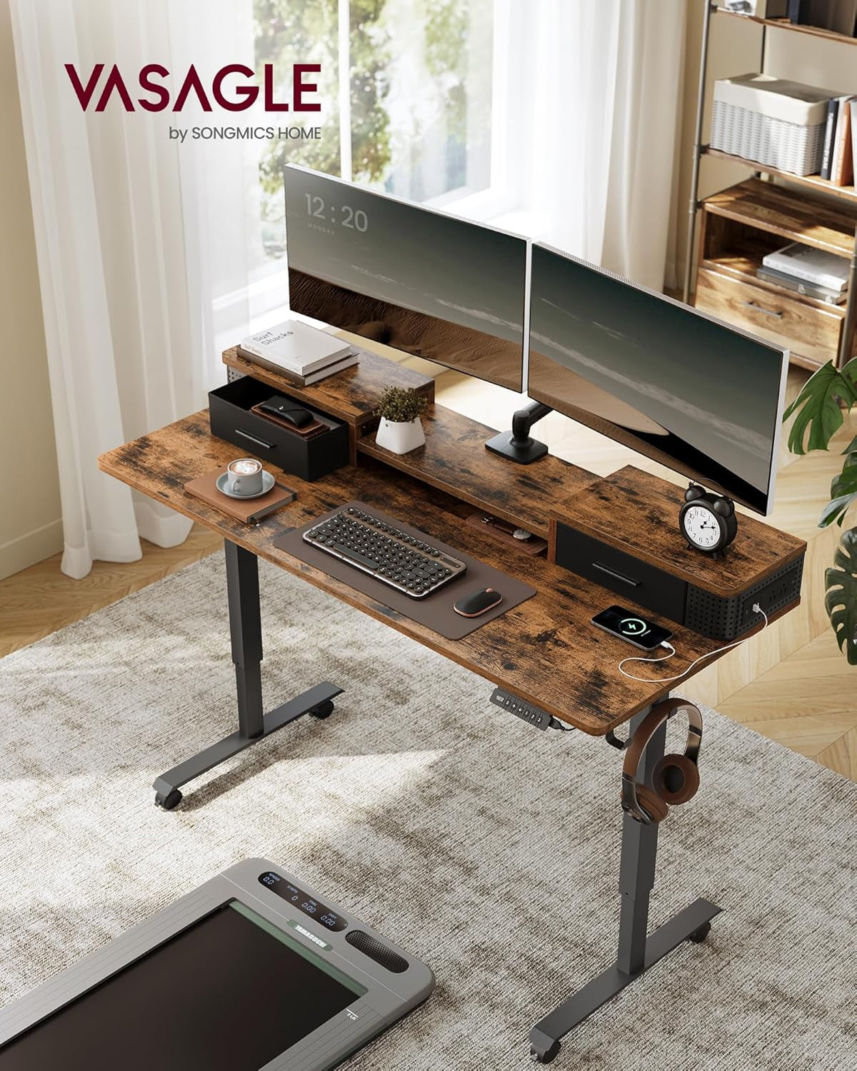 Electric Standing Desk with Drawers, 55.1 X 23.6 Inches, Sit Stand Desk with Power Outlet and LED Lights, Adjustable Height, Storage Shelf, 3 Memory Buttons, for Home Office, Rustic Brown