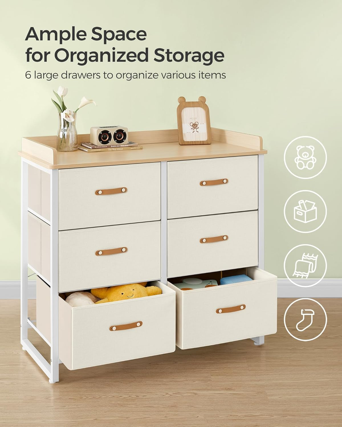 Kids Dresser with 6 Drawers, Boys Girls Dresser, with Water-Resistant Tabletop, Storage Organizer Cabinet, for Bedroom Hallway, Beige UGKR101K01
