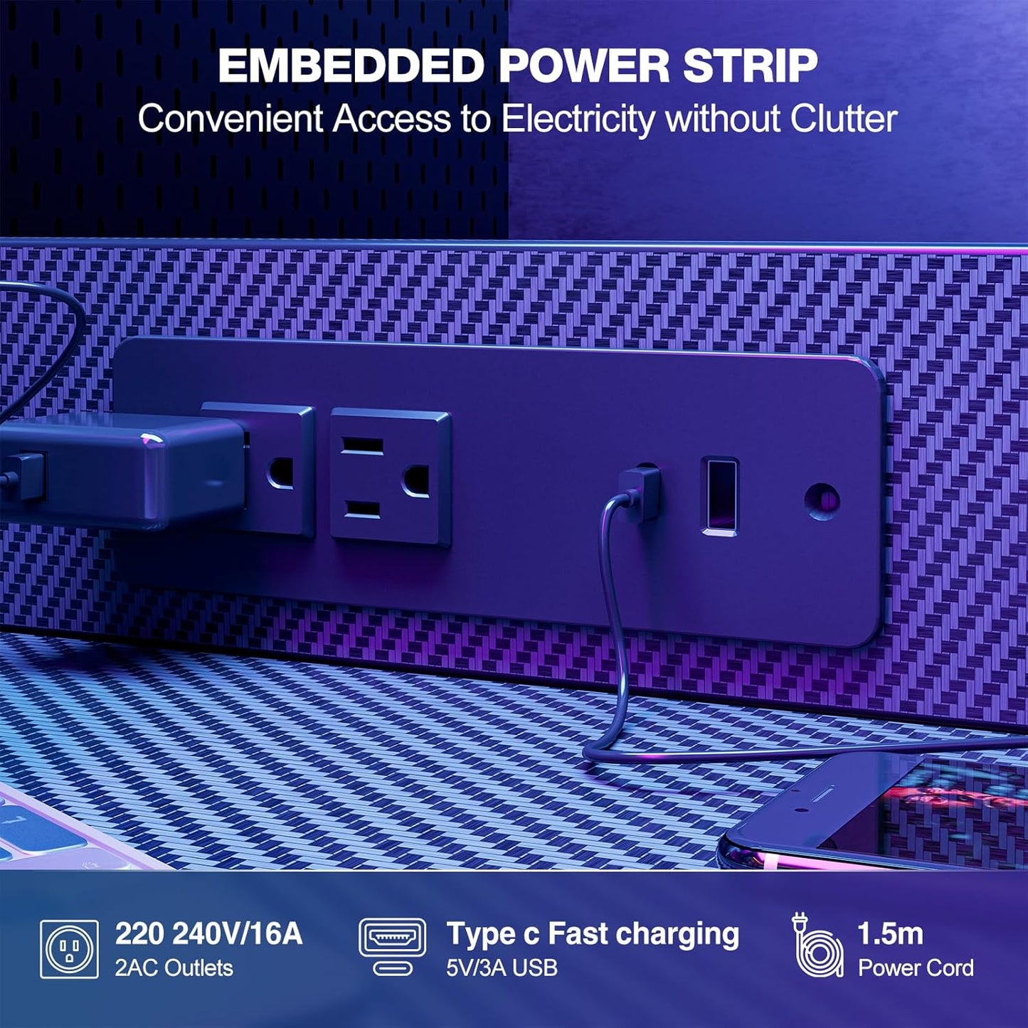 Gaming Desk 47 Inch with Power Outlet and LED Light, Computer Desk with Reversible Shelves and Storage Drawer, Pc Small Desk for Home Office Table with Bag, Carbon Fiber Black