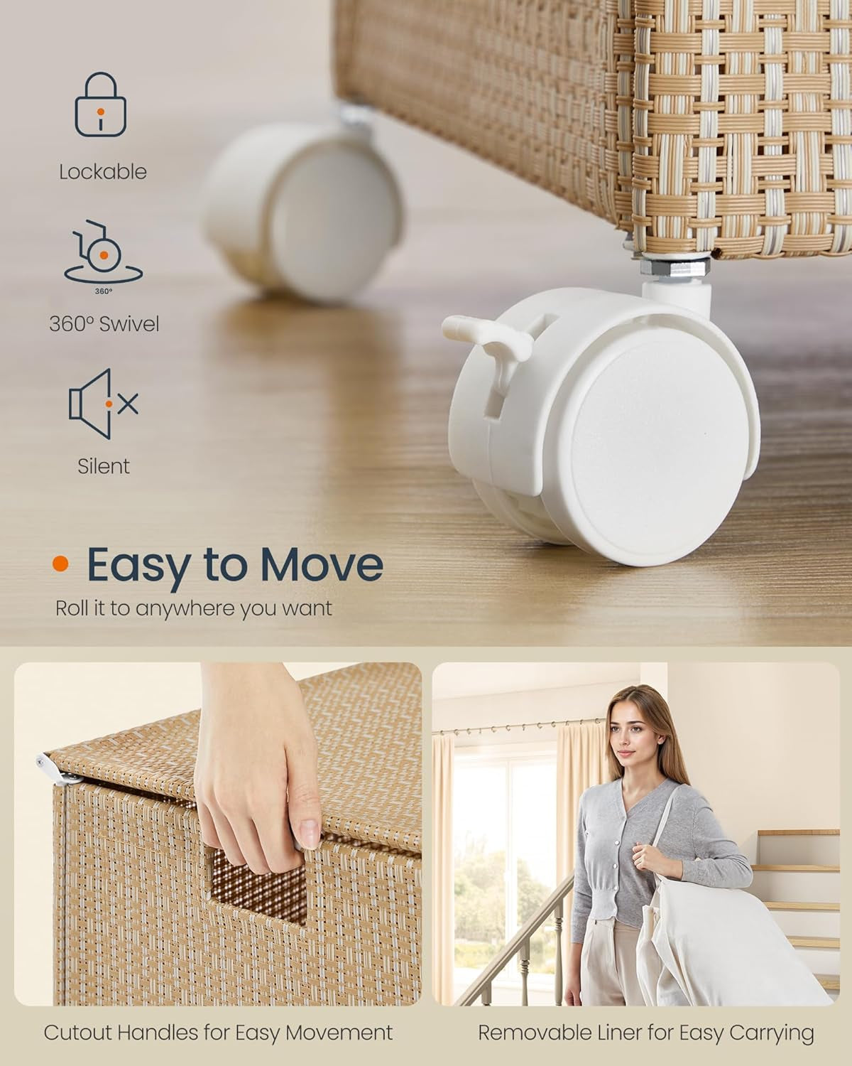 Laundry Hamper with 4 Section, 180 L Large Rolling Laundry Basket with Wheels, Rattan Clothes Basket with Lid, Removable Liner with Handles, Natural Beige and Matte White ULCB603N01