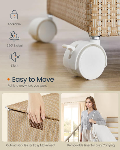 Laundry Hamper with 4 Section, 180 L Large Rolling Laundry Basket with Wheels, Rattan Clothes Basket with Lid, Removable Liner with Handles, Natural Beige and Matte White ULCB603N01