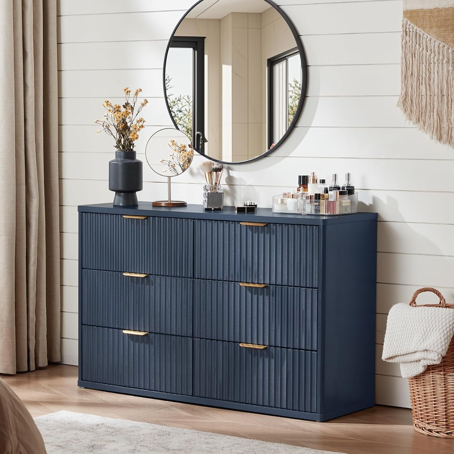 Fluted 6 Drawers Dresser for Bedroom, 48" Wide Modern Chest of Drawers with Metal Handle, Navy Blue Curved Profile Farmhouse Closet Organizer Wood Dressers TV Stand for Living Room, Hallway