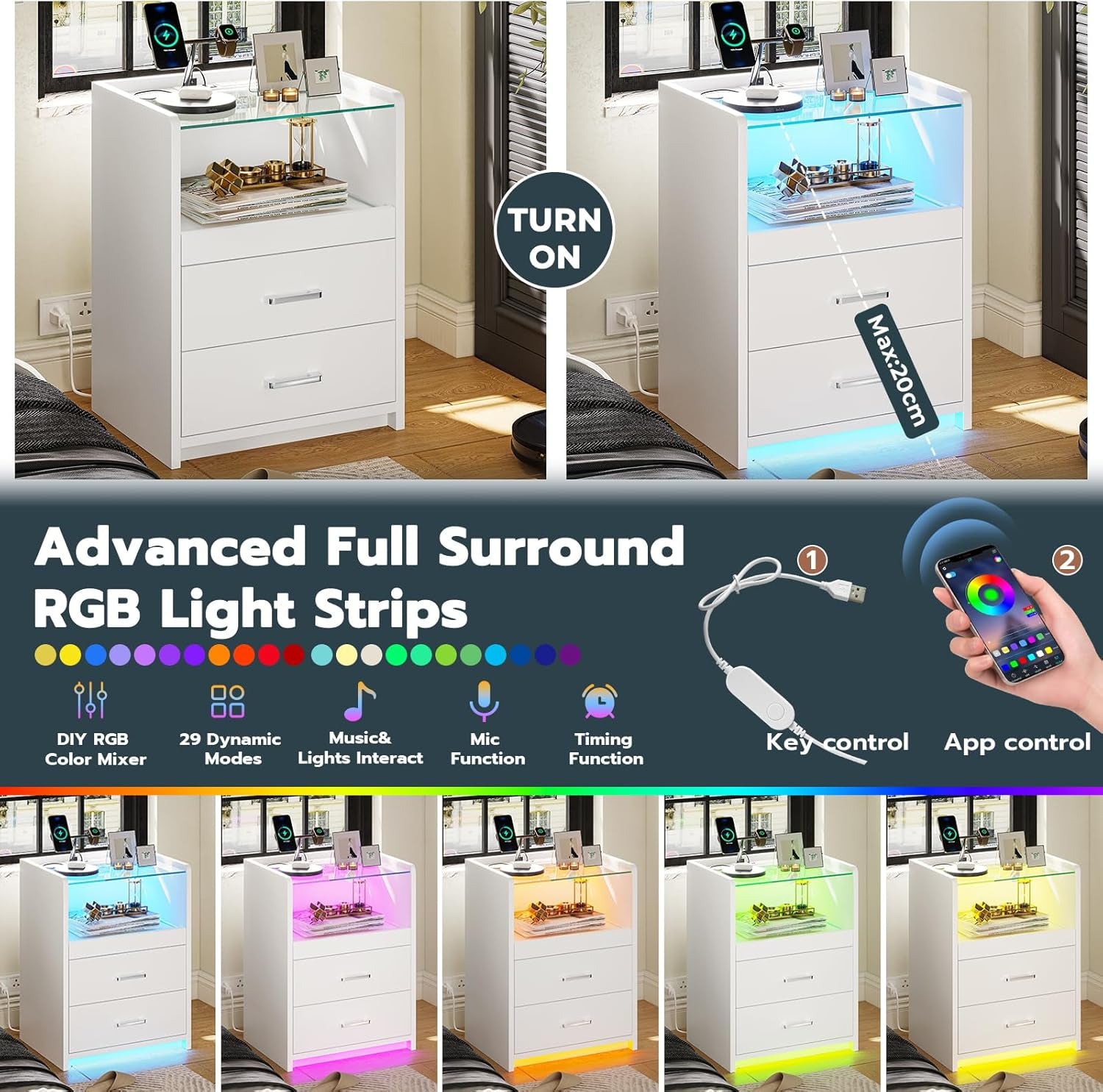 White Nightstand with Charging Station and LED Lights, 2 Drawers LED Night Stand with Tempered Glass Tabletop, Modern End Side Tables with Pull-Out Tray, Open Storage Bedside Tables
